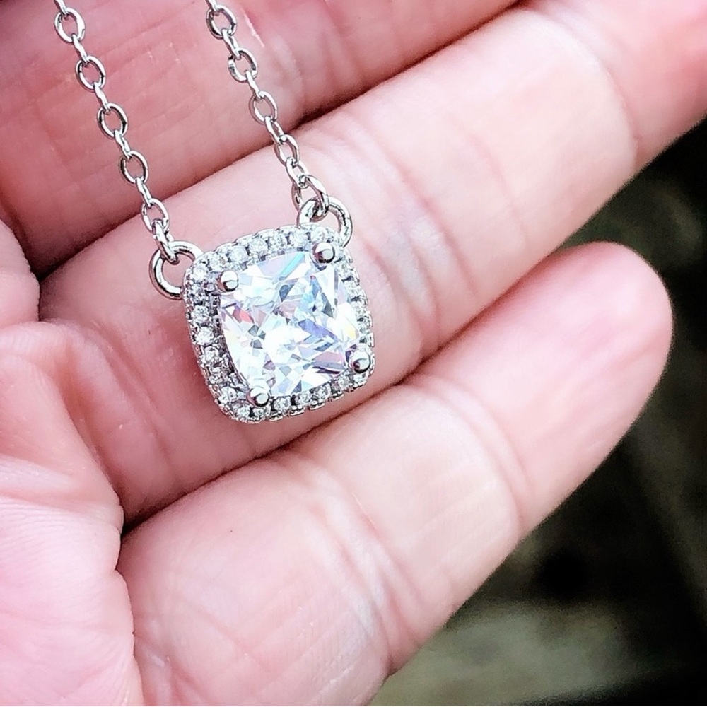 925 Cushion Cut Diamond with Halo Necklace - Picture 2 of 9